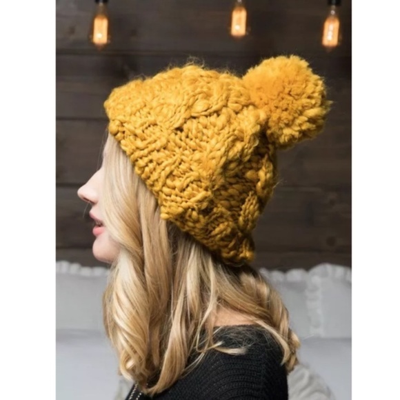 Mustard Cable Hand Knit Pompom Winter Beanie - Picture 1 of 3